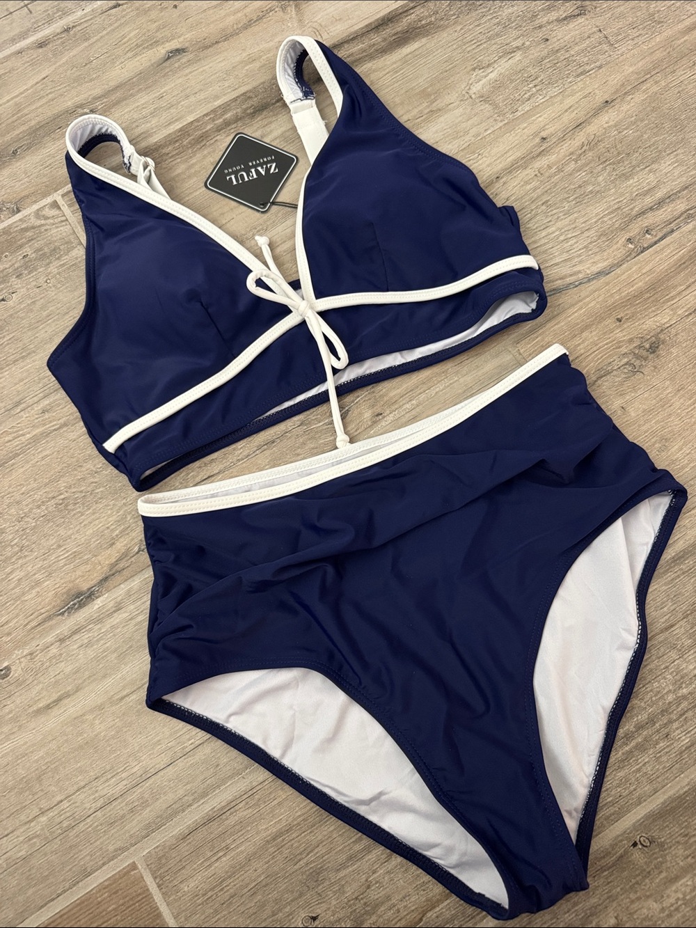 Zaful Medium Navy and White Contrast High-Waist Bikini set